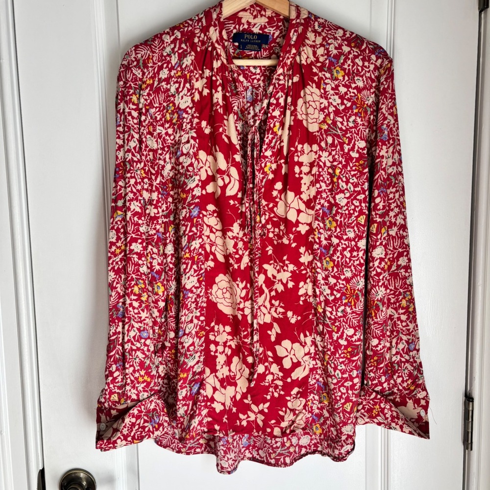 Polo Ralph Lauren Red Floral Tie Neck Blouse Long Sleeve Women Large